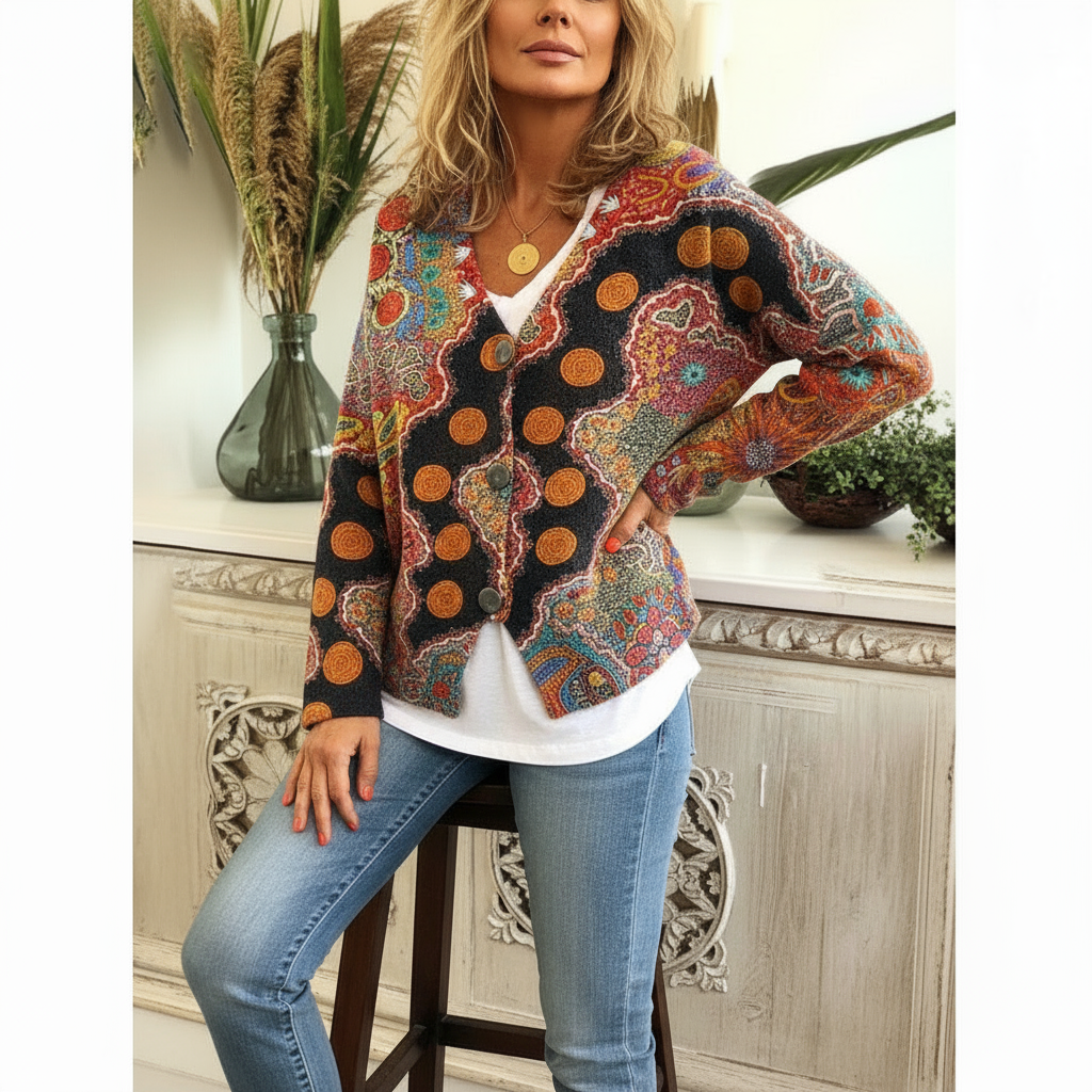 Boheme Strik Cardigan | Farverigt Mønster | Casual Wear