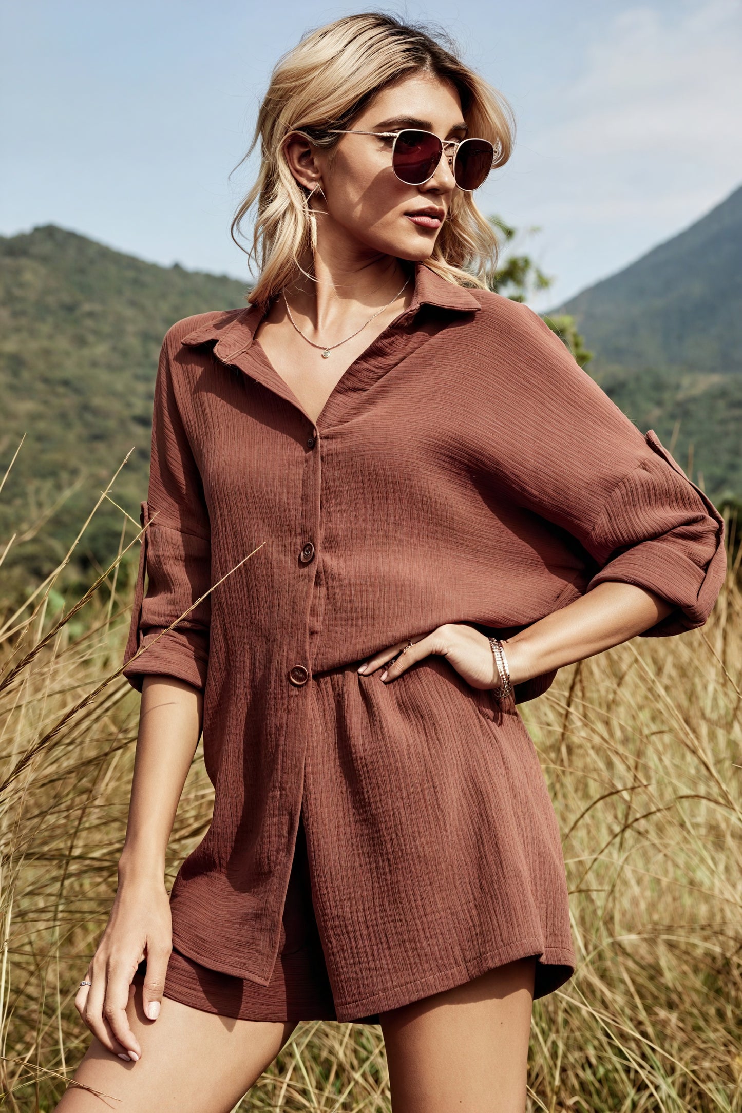 Afslappet Skjorte Shorts Sæt - Højtaljet