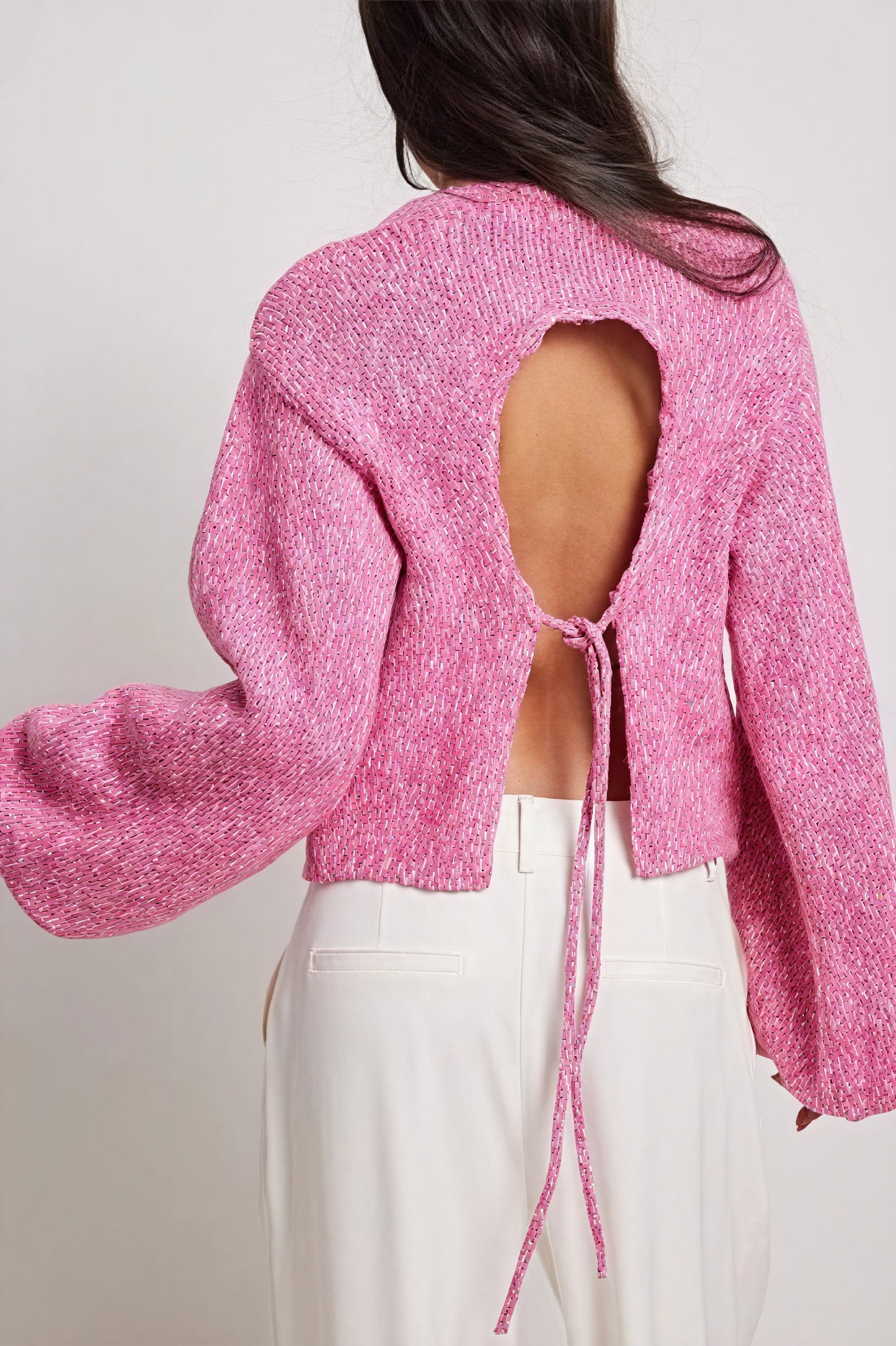 Tekstureret Top med Klokkeærmer - Pink