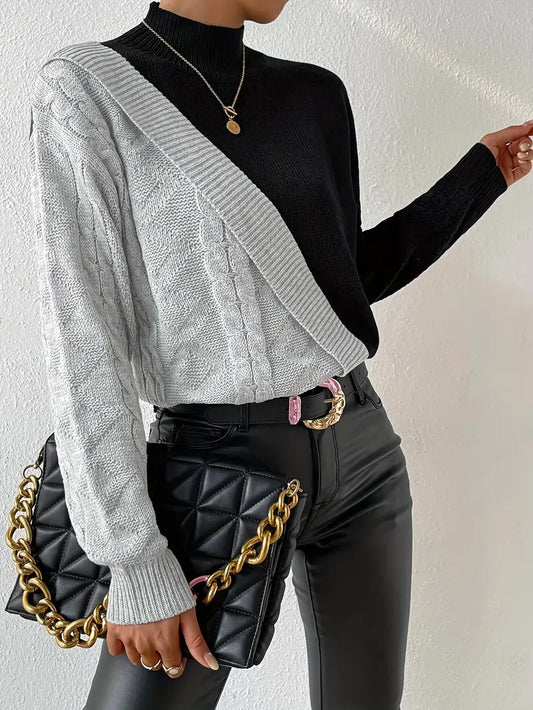 Dame Sweater – Farveblok Turtleneck, Kabelstrik Design-54586-77f19451-2c08-4759-a6e4-93f487e56c56