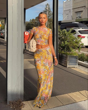 Kvinder Todelt Blomstret Sæt – Crop Top & Maxi Nederdel, Unikt Print-83559-01467cba-32a1-4b19-9657-899aa8de3a3e