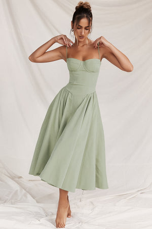 Dame Kjole – Midi, Struktureret Overdel, Plisseret Skørt, Spaghettistropper, Lommer, Elegant Stil-83506-01554579-39c1-4941-8788-a270f96c12de