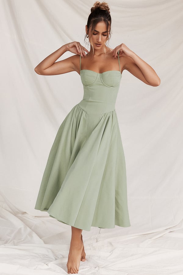 Dame Kjole – Midi, Struktureret Overdel, Plisseret Skørt, Spaghettistropper, Lommer, Elegant Stil-83506-01554579-39c1-4941-8788-a270f96c12de