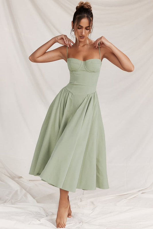 Dame Kjole – Midi, Struktureret Overdel, Plisseret Skørt, Spaghettistropper, Lommer, Elegant Stil-83506-01554579-39c1-4941-8788-a270f96c12de