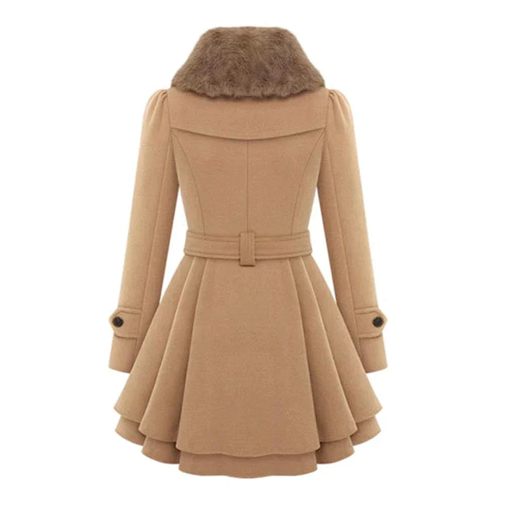 Kvinder Frakke – Dobbeltradet, Faux Fur Krave, Flared Skirt, Med Bælte-82347-02de3694-168d-45ba-80b9-47489ca97346