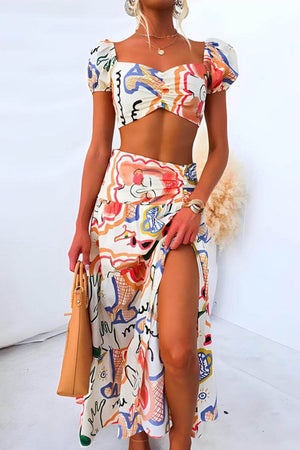 Sommer Sæt - Crop Top, Maxi Nederdel, Abstrakt Print
