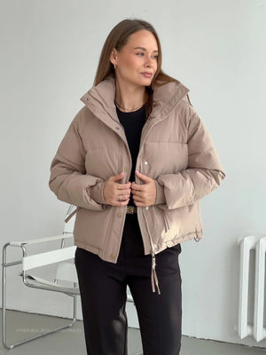 Kvinder Pufferjakke – Kort, Vandafvisende, Høj Krave, Oversize Ærmer, Brun/Sort-65207-0389de45-debf-48c5-b205-459bdf717965