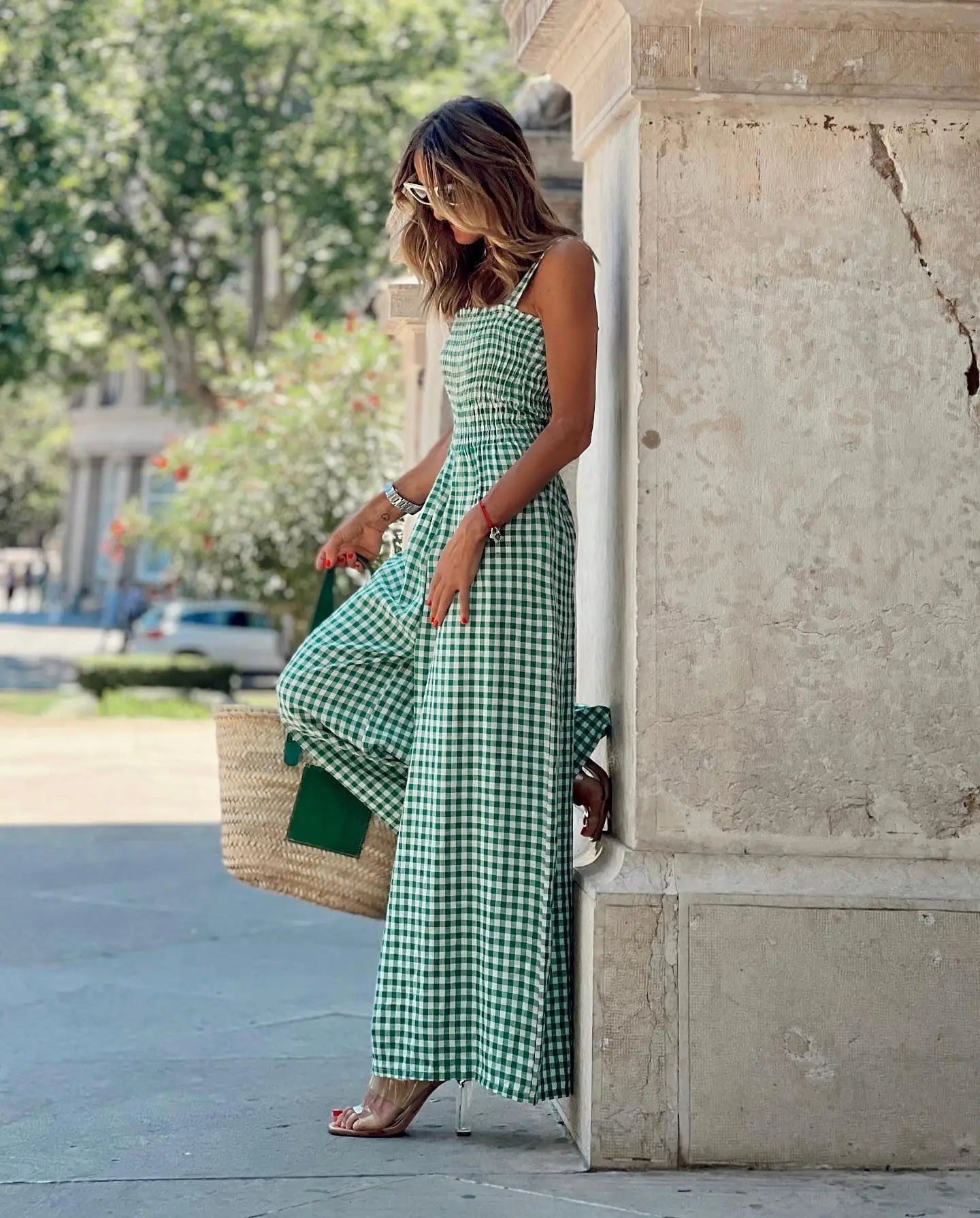 Gingham Jumpsuit med Smock og Brede Ben
