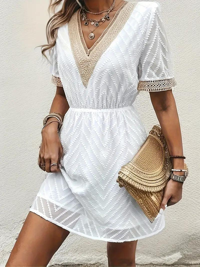 Women's White V-Neck Short Sleeve Embroidered Lightweight Dress-82469-0867ed76-684f-4019-bfb1-181c132f82e8