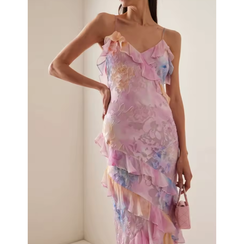 Blomstret Kjole med Spaghettistropper og Flæser