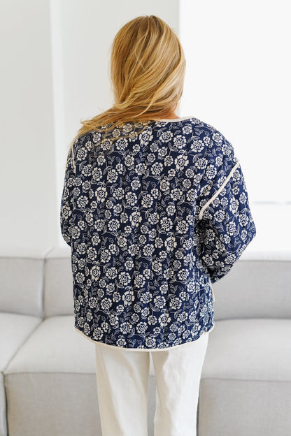Blomstret Navy Jakke med V-udskæring