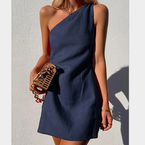 Norideen Dame Hør Mini Kjole – Asymmetrisk One-Shoulder Design-83276-13148975-df49-4383-9b53-32e150487583