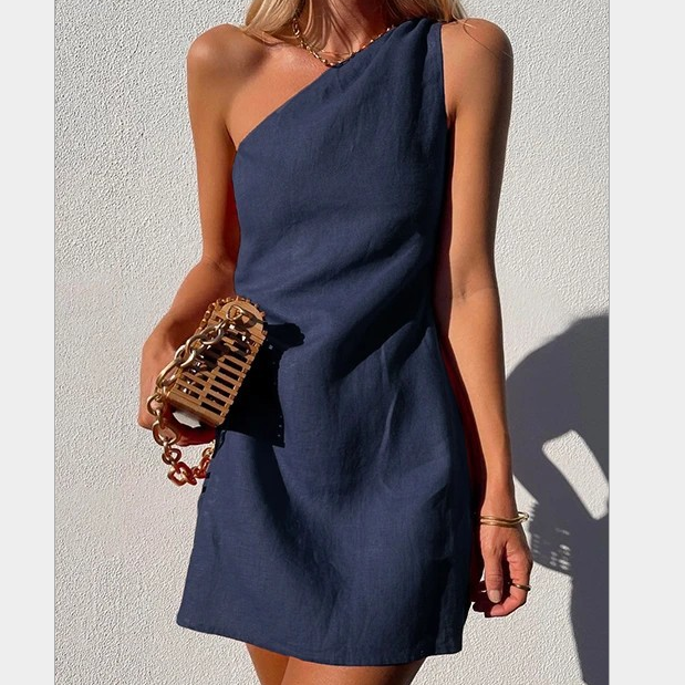 Norideen Dame Hør Mini Kjole – Asymmetrisk One-Shoulder Design-83276-13148975-df49-4383-9b53-32e150487583