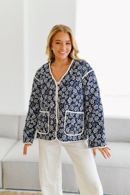 Blomstret Navy Jakke med V-udskæring