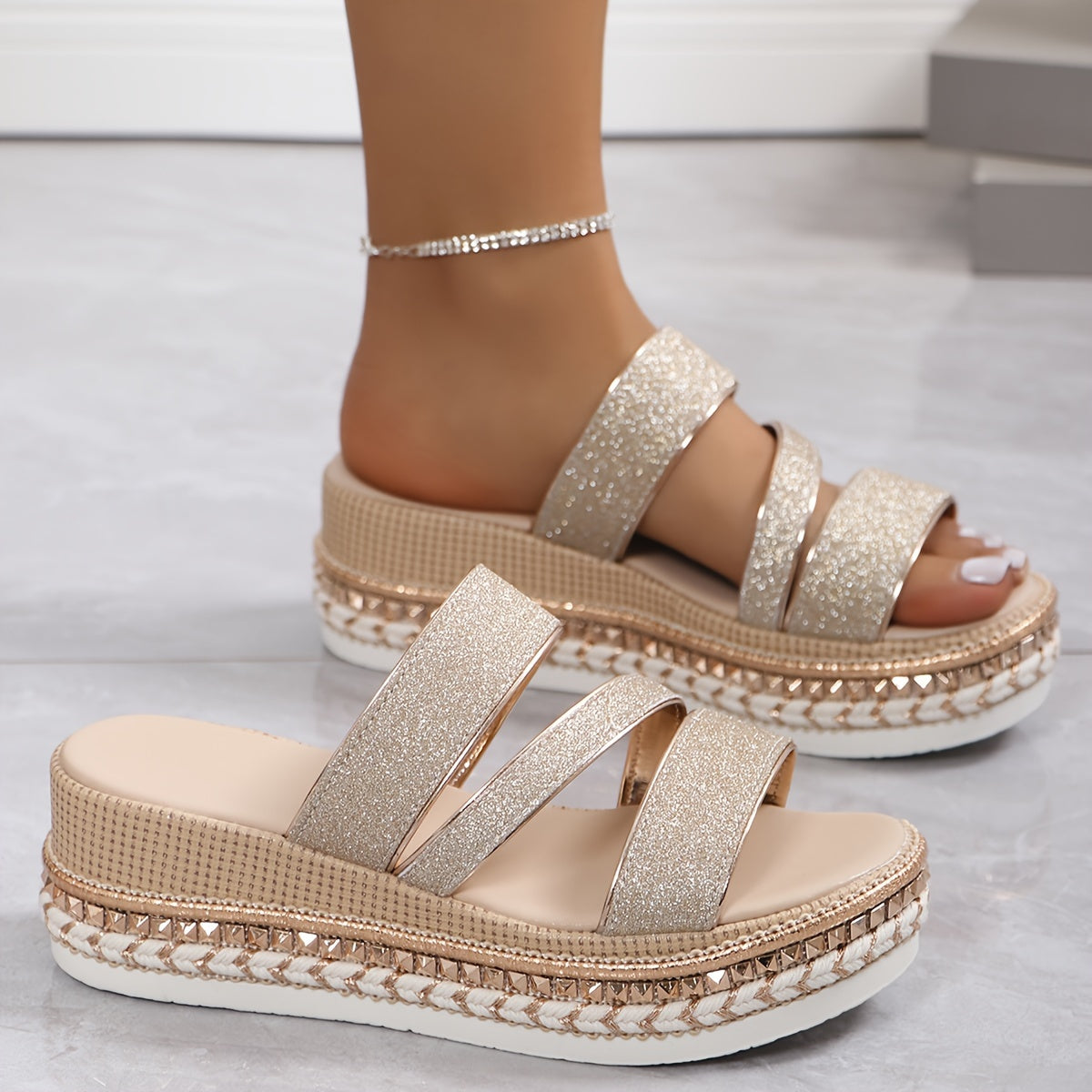 Glitter Platform Sandaler - Beige Festsko