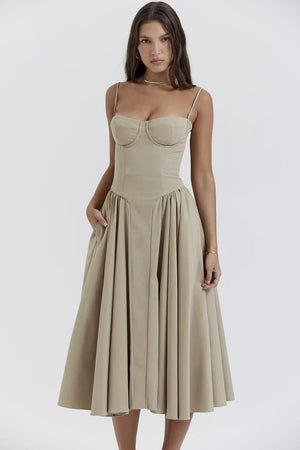 Dame Kjole – Midi, Struktureret Overdel, Plisseret Skørt, Spaghettistropper, Lommer, Elegant Stil-83506-14a04251-4c88-4d4d-8492-12a9fb0bf492