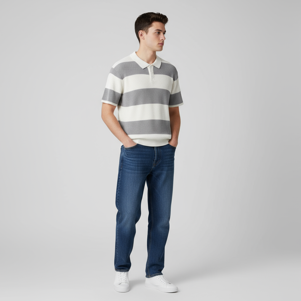 Mark stribet strikket polo: Tidløs komfort og kvalitet