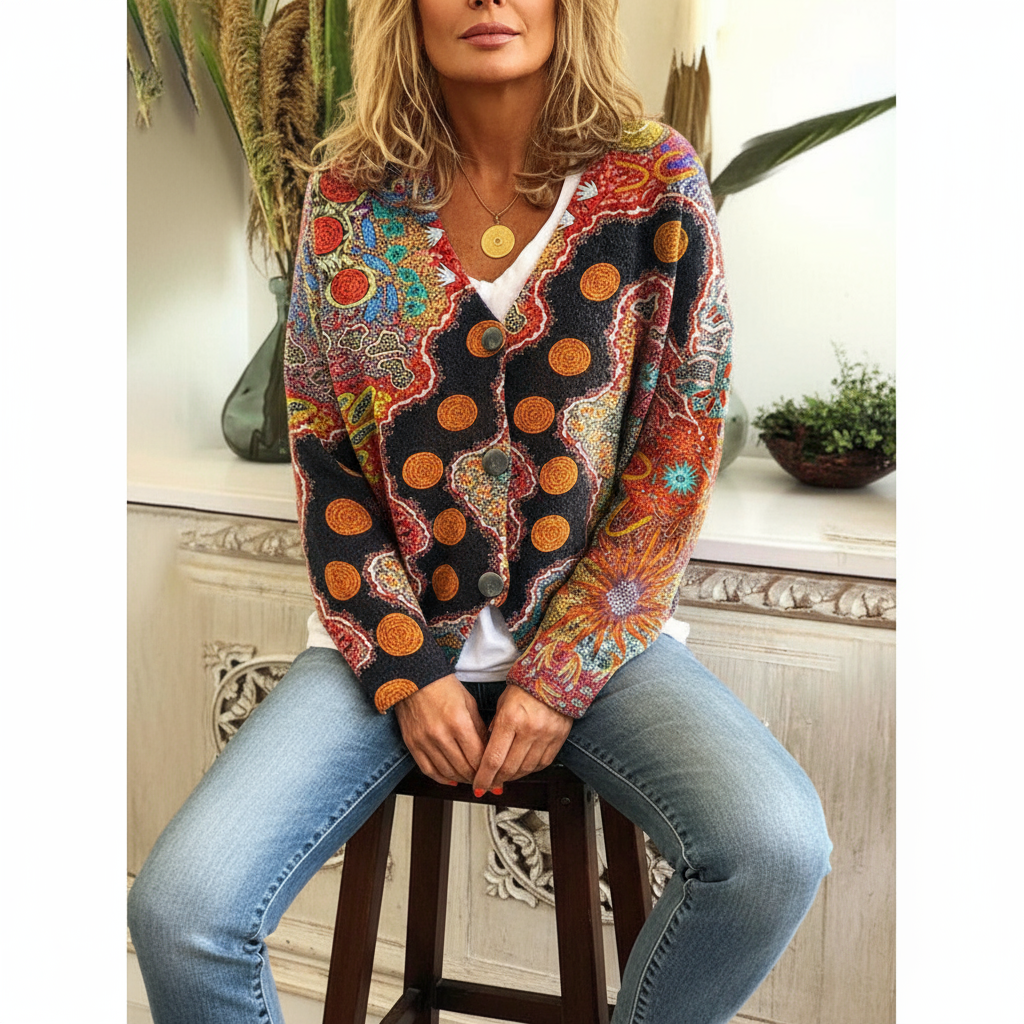 Boheme Strik Cardigan | Farverigt Mønster | Casual Wear