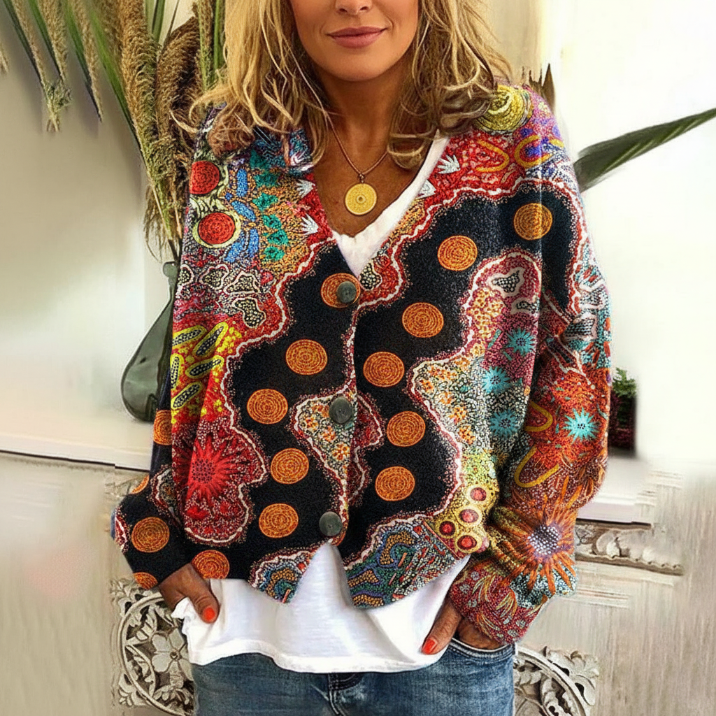 Boheme Strik Cardigan | Farverigt Mønster | Casual Wear