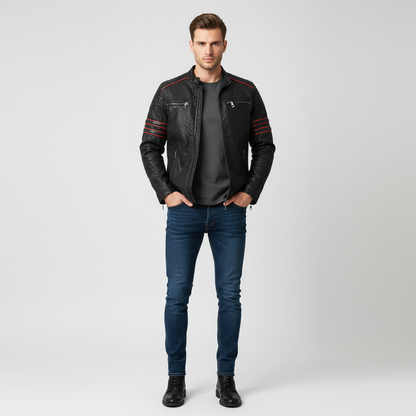 Racer Imiteret Læderjakke | Sporty Røde Striber | Vinter