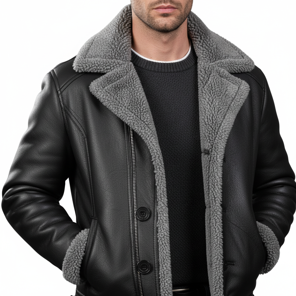 Klassisk Herre Trenchcoat | Imiteret Læder med Pels | Vintermode