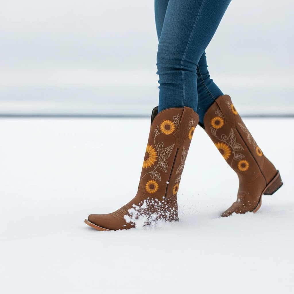 Vestlige Læderstøvler | Solblomst Broderi | All Season