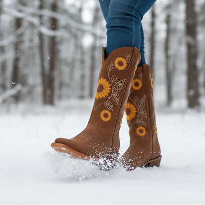 Vestlige Læderstøvler | Solblomst Broderi | All Season