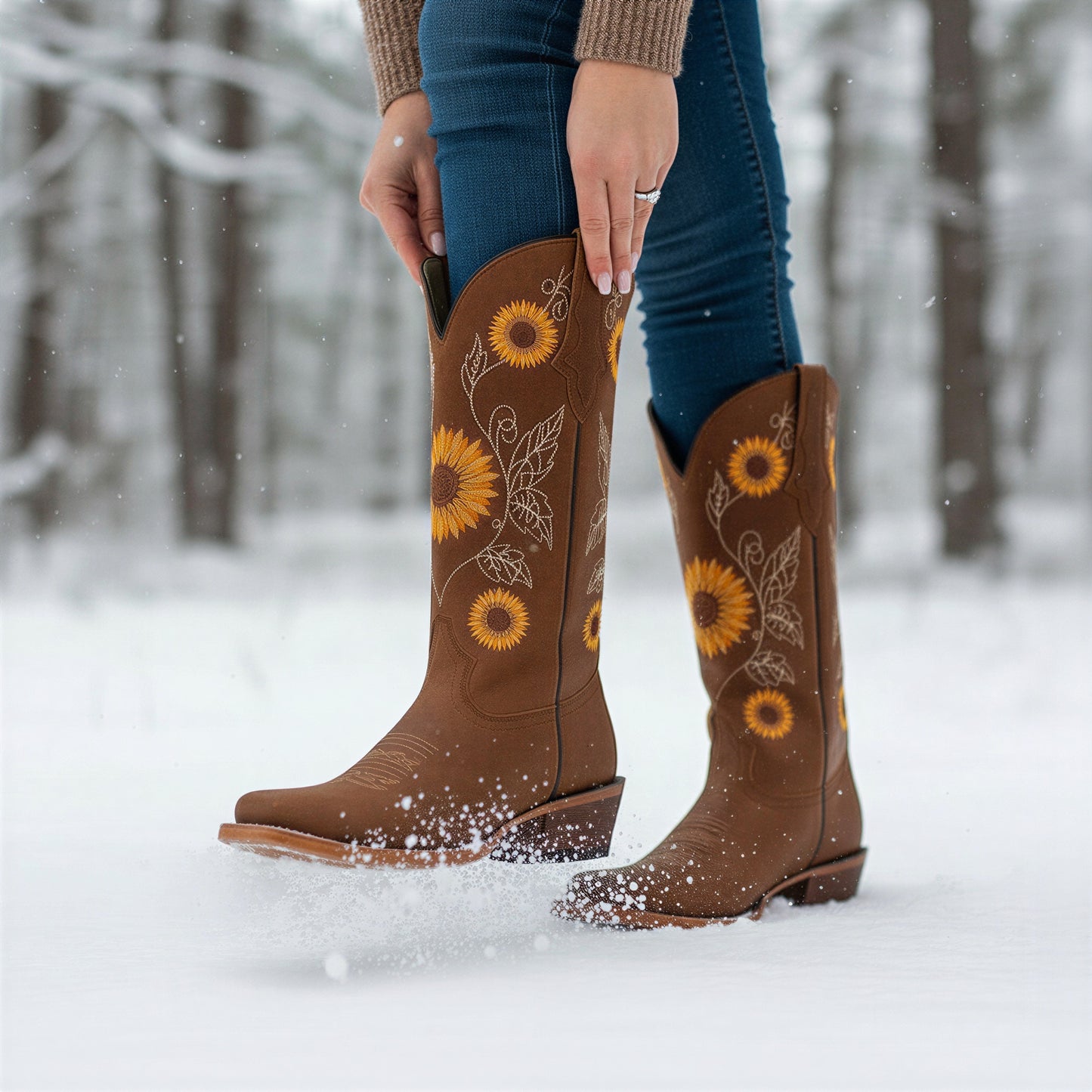 Vestlige Læderstøvler | Solblomst Broderi | All Season