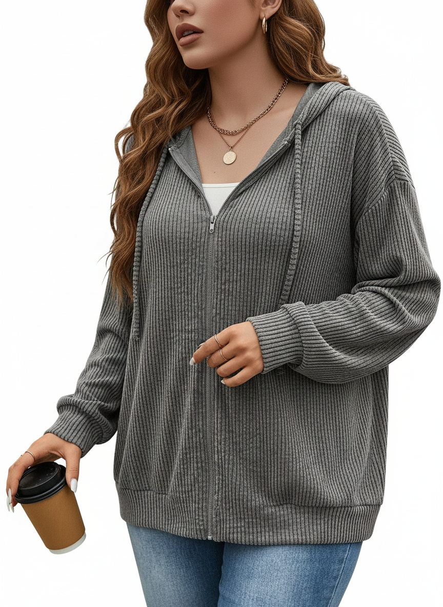 Afslappet Kordfløjl Hoodie | Lynlås | Hverdag