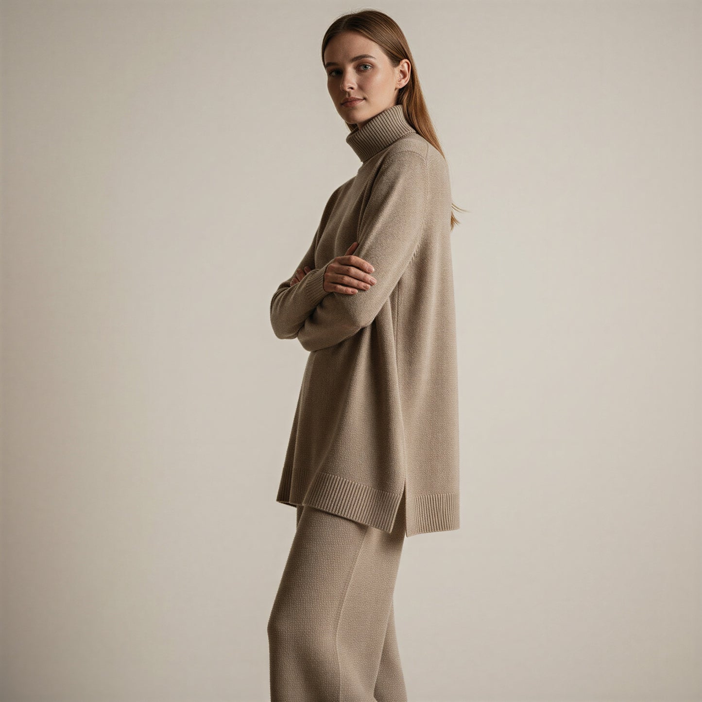 Afslappet Strik Lounge Sæt | Høj Hals & Vide Ben | Helårsanvendeligt