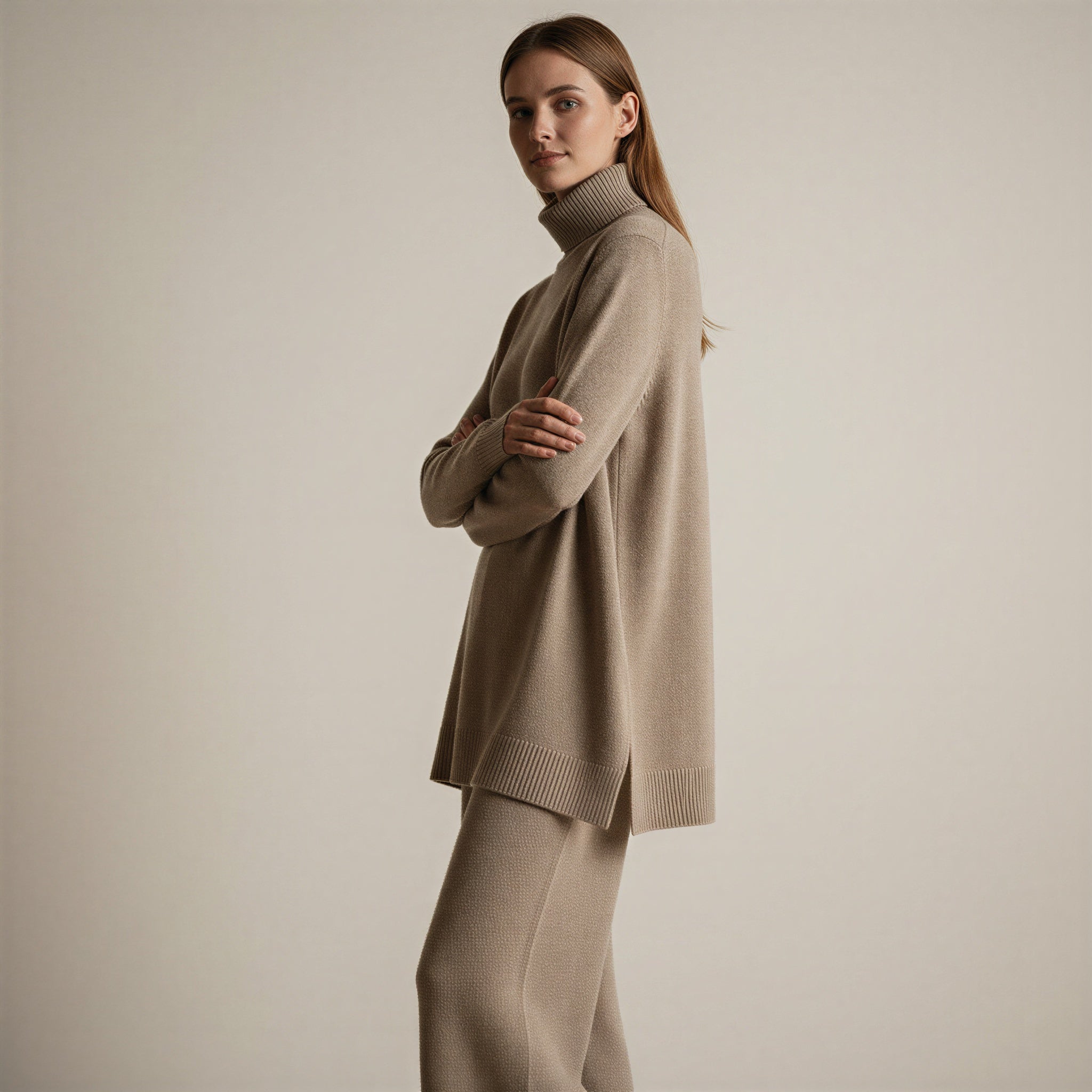 Afslappet Strik Lounge Sæt | Høj Hals & Vide Ben | Helårsanvendeligt