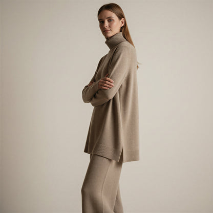 Afslappet Strik Lounge Sæt | Høj Hals & Vide Ben | Helårsanvendeligt