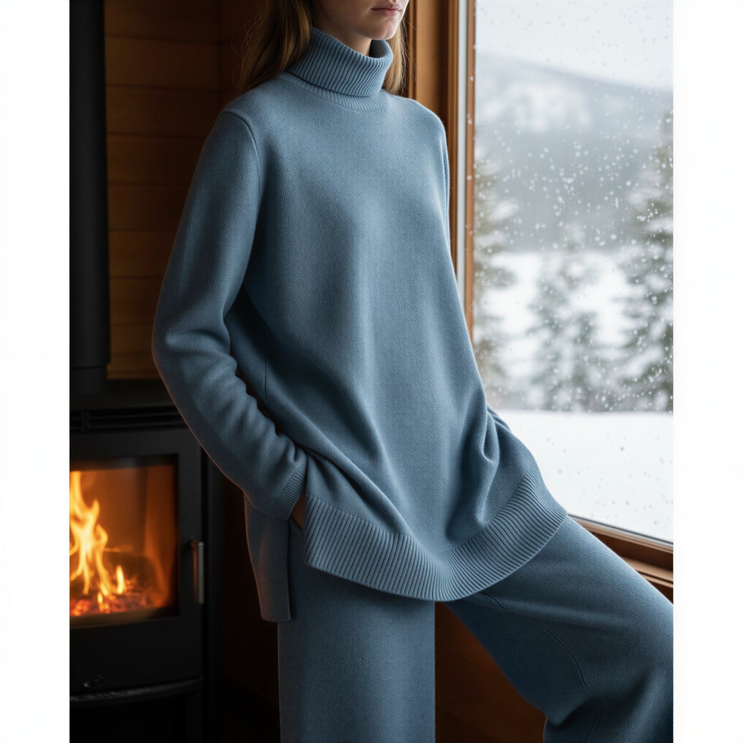 Afslappet Strik Lounge Sæt | Høj Hals & Vide Ben | Helårsanvendeligt