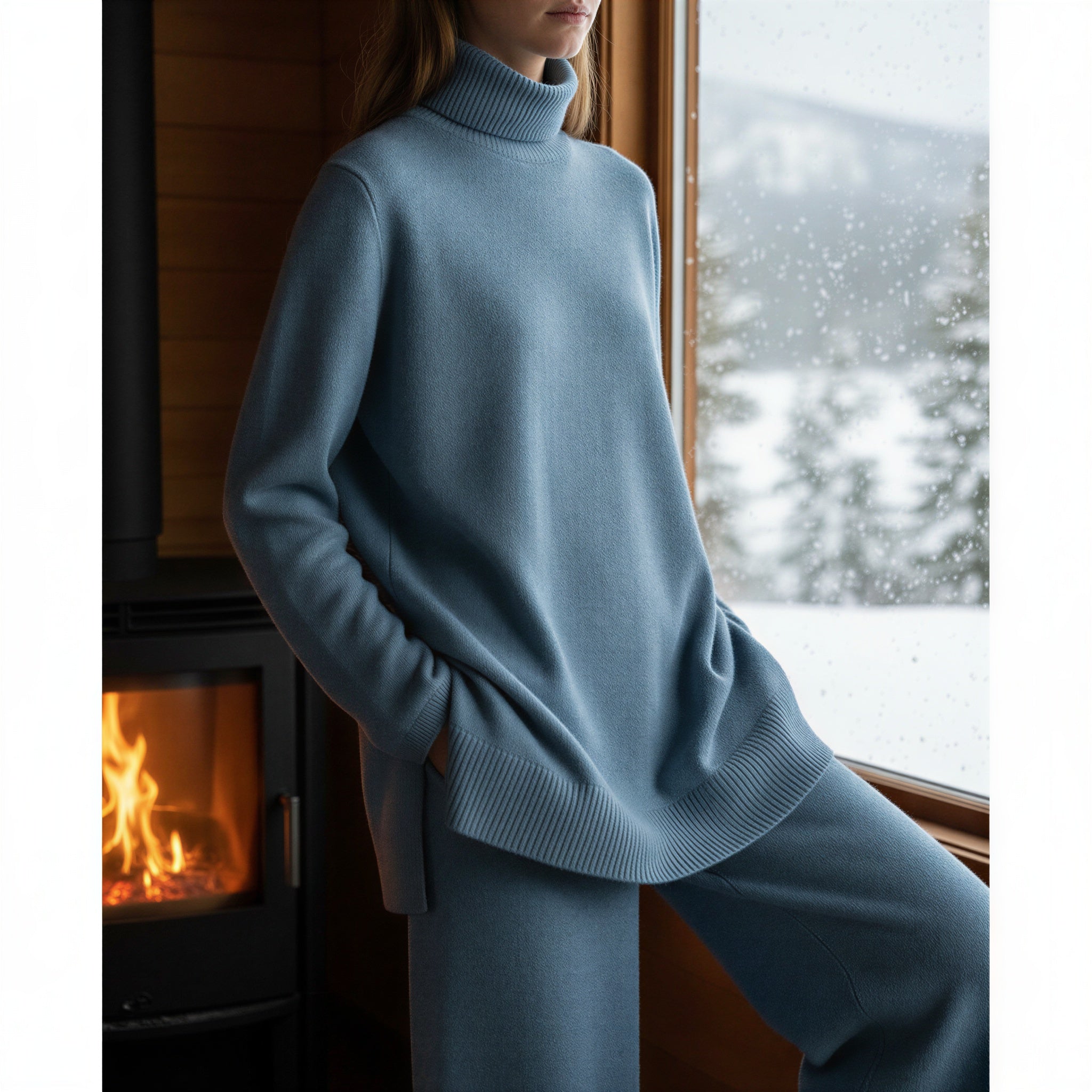 Afslappet Strik Lounge Sæt | Høj Hals & Vide Ben | Helårsanvendeligt