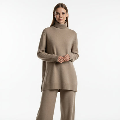 Afslappet Strik Lounge Sæt | Høj Hals & Vide Ben | Helårsanvendeligt