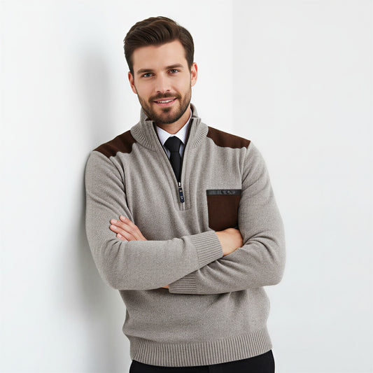 Herre Strikket Pullover | Tekstureret Strik & Suede-detaljer | Casual & Smart