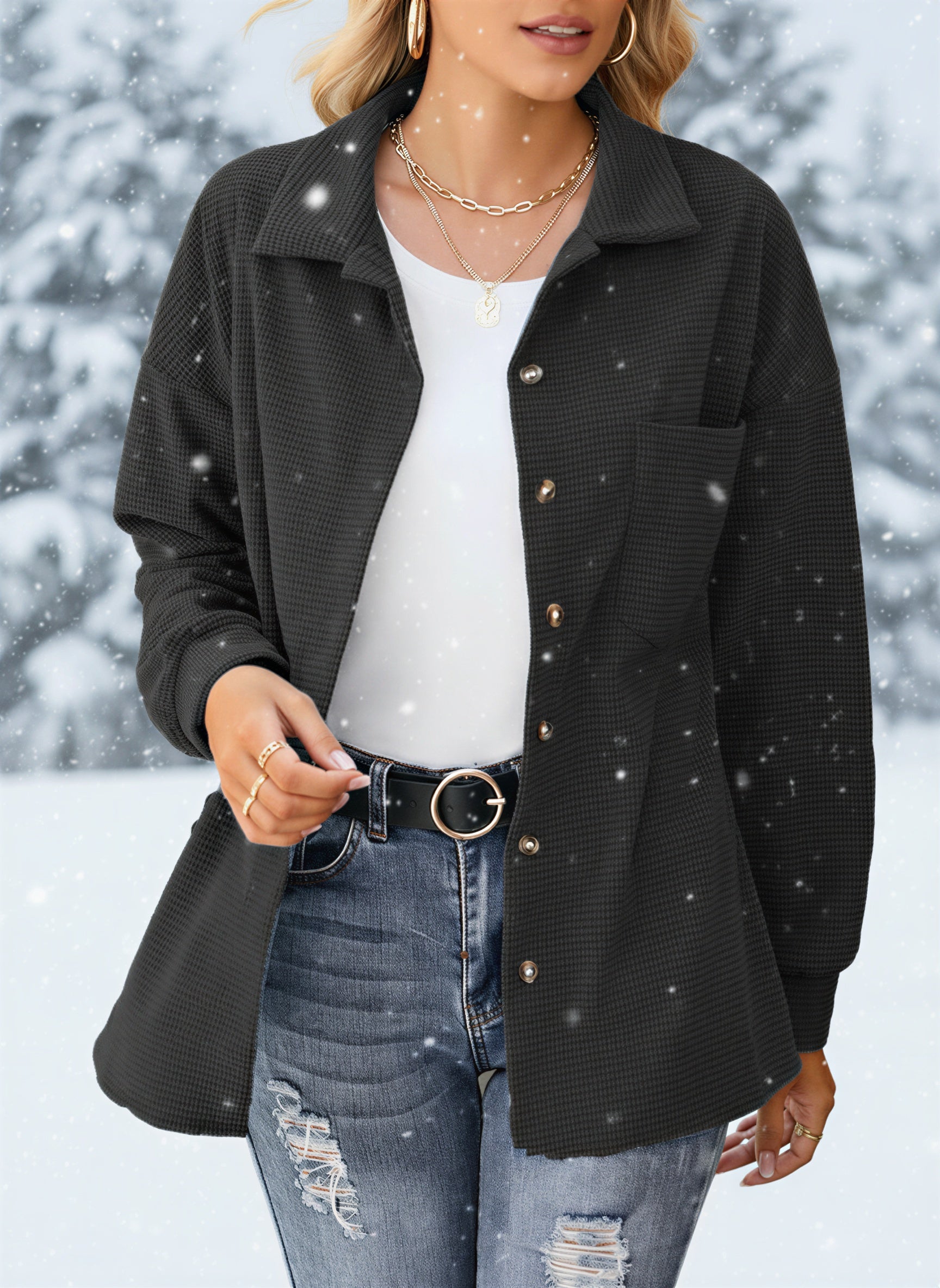 Afslappet Skjortejakke | Vaffelstrik | Casual Wear