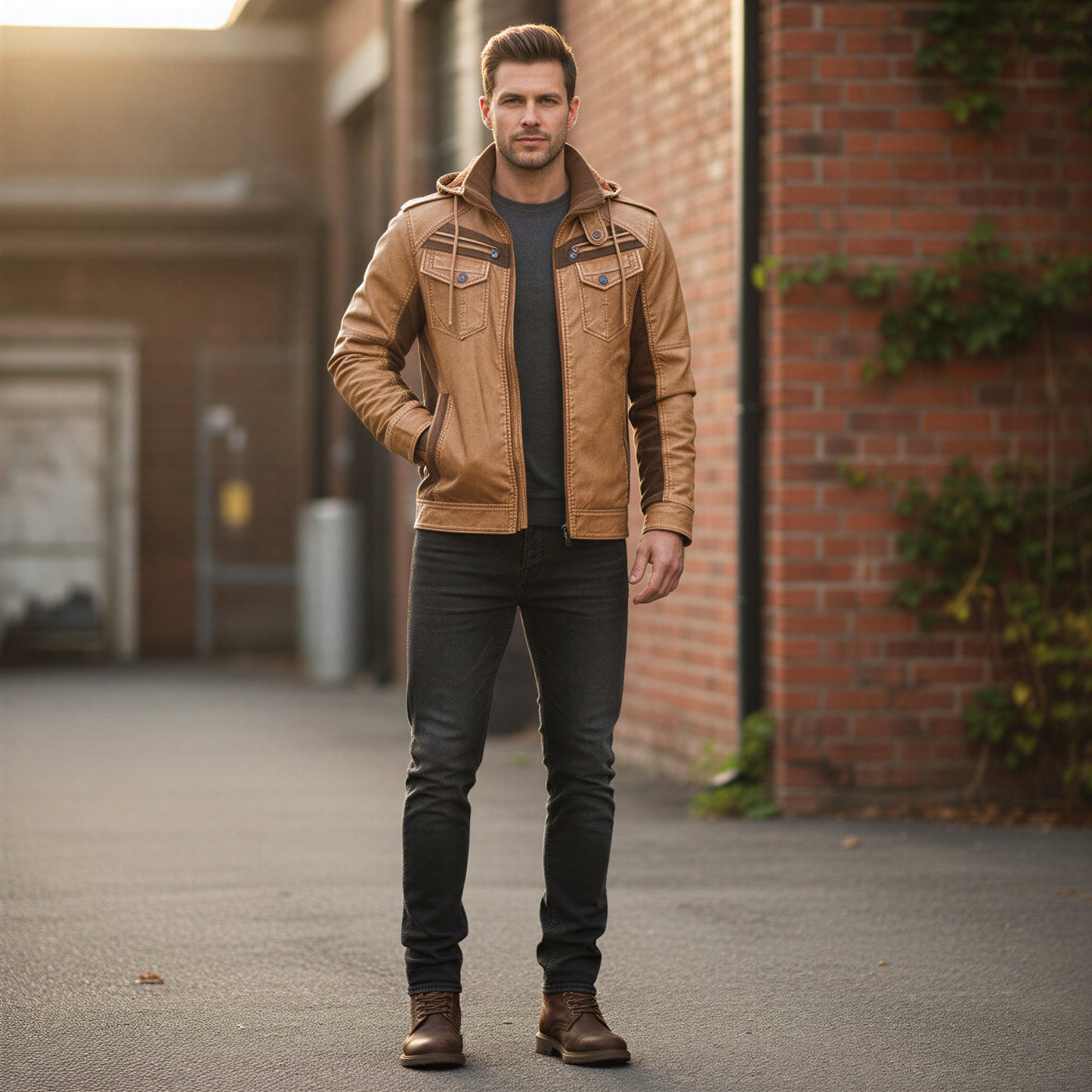 Tidløs hoodiejakke i imiteret læder til mænd