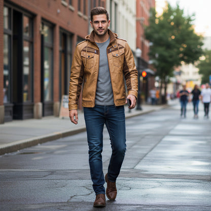 Tidløs hoodiejakke i imiteret læder til mænd