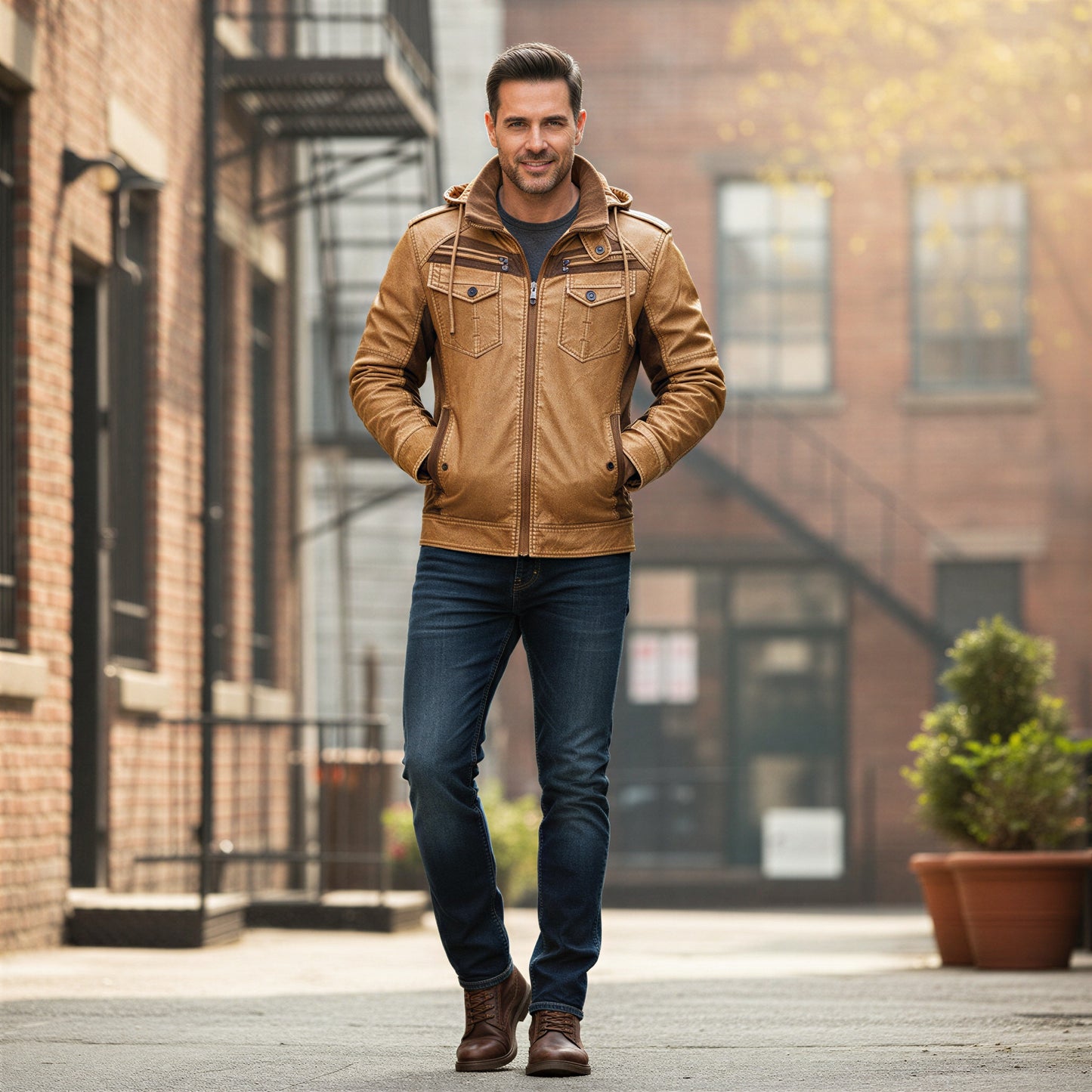 Tidløs hoodiejakke i imiteret læder til mænd