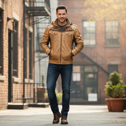 Tidløs hoodiejakke i imiteret læder til mænd