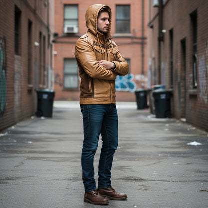 Tidløs hoodiejakke i imiteret læder til mænd