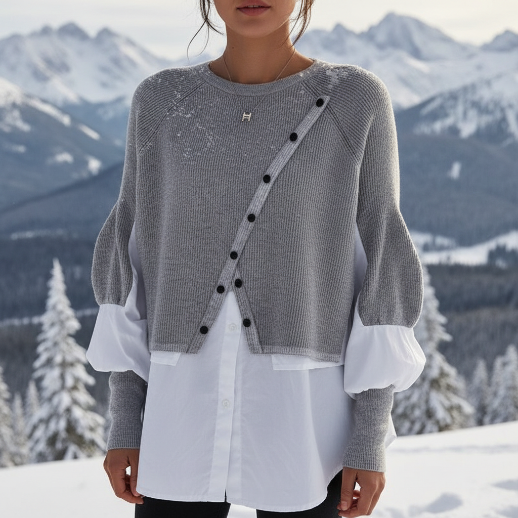 Andrea Lag-på-lag Strik Top | Asymmetrisk Knapdetalje | Hverdag & Arbejde