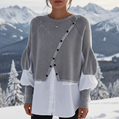 Andrea Lag-på-lag Strik Top | Asymmetrisk Knapdetalje | Hverdag & Arbejde