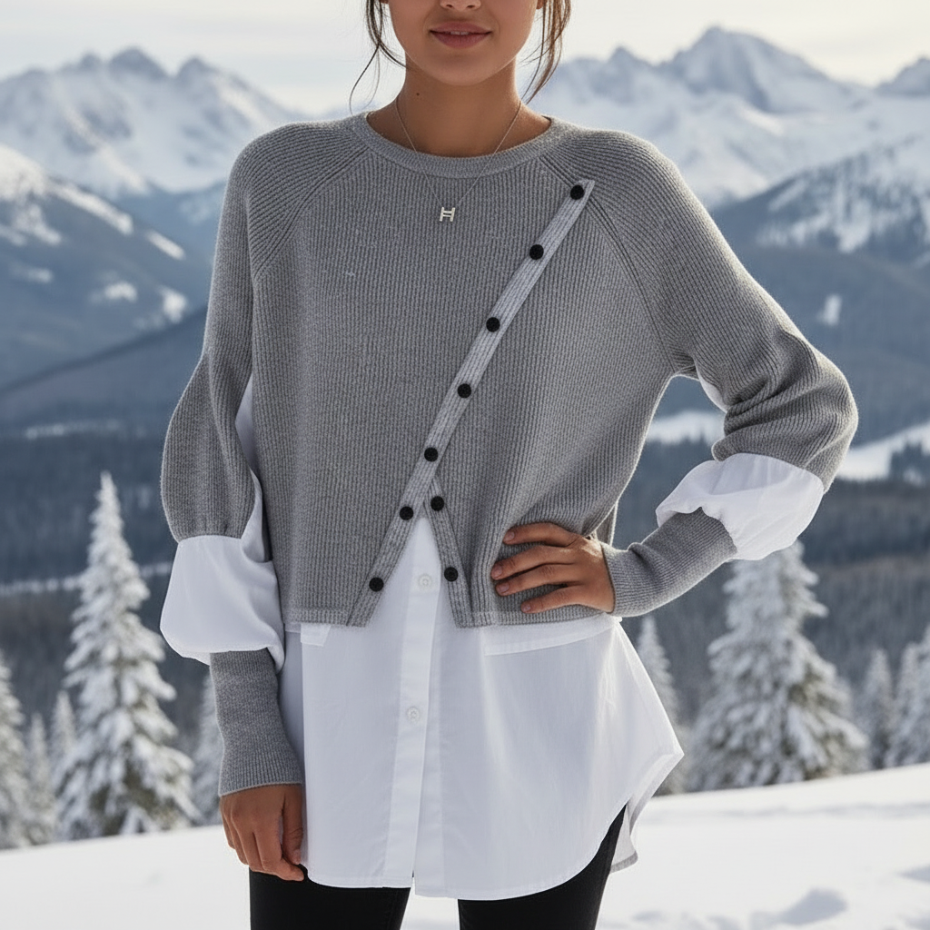 Andrea Lag-på-lag Strik Top | Asymmetrisk Knapdetalje | Hverdag & Arbejde