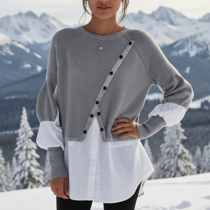 Andrea Lag-på-lag Strik Top | Asymmetrisk Knapdetalje | Hverdag & Arbejde