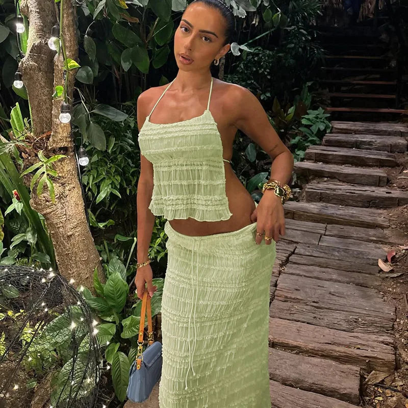 Dame Todelt Sæt – Tekstureret Halter Top & Midi Nederdel med Snøre-83709-1a8d634d-78d1-4e40-b513-8f417dbed9c3