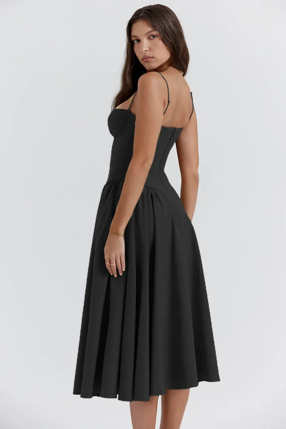 Dame Kjole – Midi, Struktureret Overdel, Plisseret Skørt, Spaghettistropper, Lommer, Elegant Stil-83506-1d16ad11-4819-45ae-904d-378964f2ae97