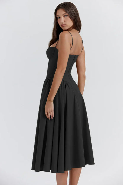Dame Kjole – Midi, Struktureret Overdel, Plisseret Skørt, Spaghettistropper, Lommer, Elegant Stil-83506-1d16ad11-4819-45ae-904d-378964f2ae97