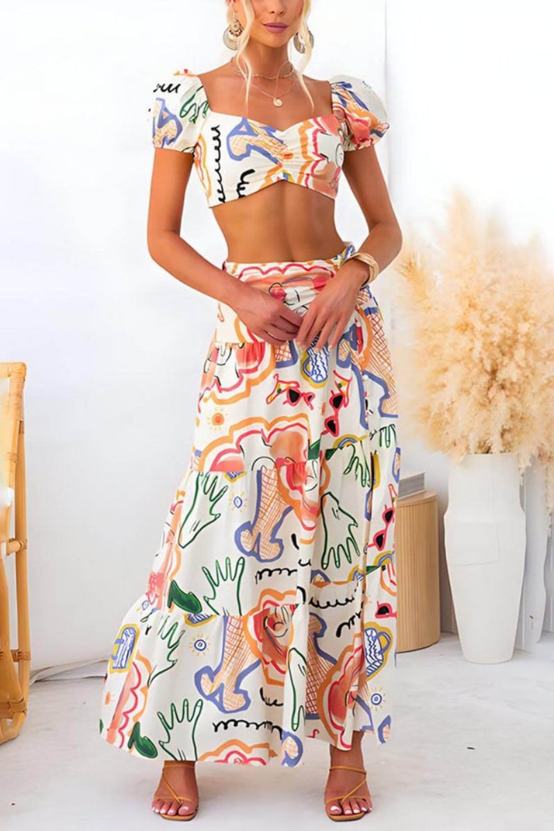 Sommer Sæt - Crop Top, Maxi Nederdel, Abstrakt Print